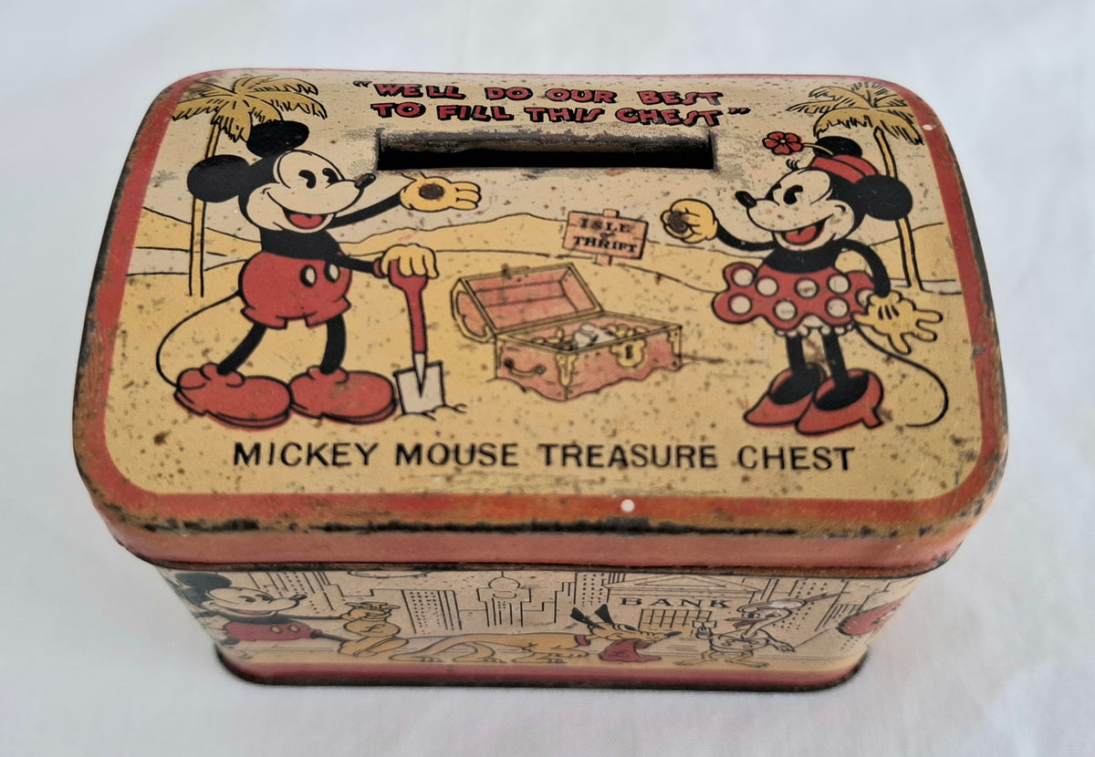 Vintage 1930s Mickey Mouse Treasure Chest Tin Money Bank – Made in Japan
