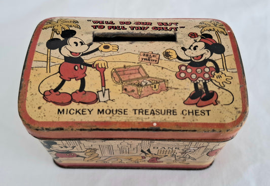 Vintage 1930s Mickey Mouse Treasure Chest Tin Money Bank – Made in Japan