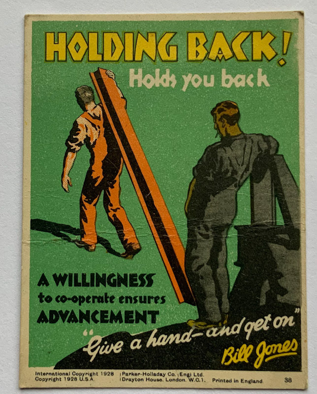 1928 Propaganda card by Parker Halladay USA Holding back Holds you back