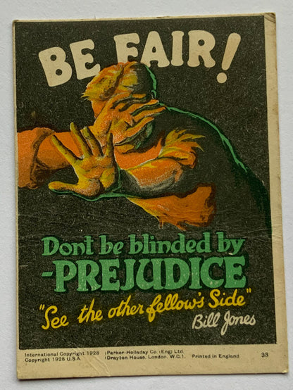 1928 Propaganda card by Parker Halladay USA Be fair. Don't be blinded by prejudice