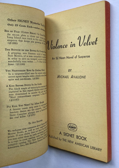 VIOLENCE IN VELVET US Pulp Fiction Crime book 1956 1st edition