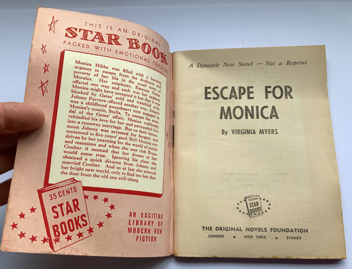 ESCAPE FOR MONICA Australian pulp fiction book by Virginia Meyers 1954