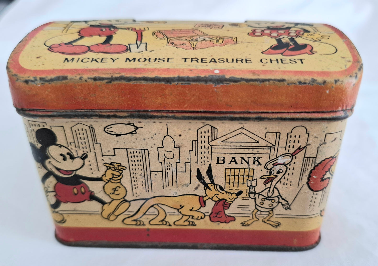 Vintage 1930s Mickey Mouse Treasure Chest Tin Money Bank – Made in Japan
