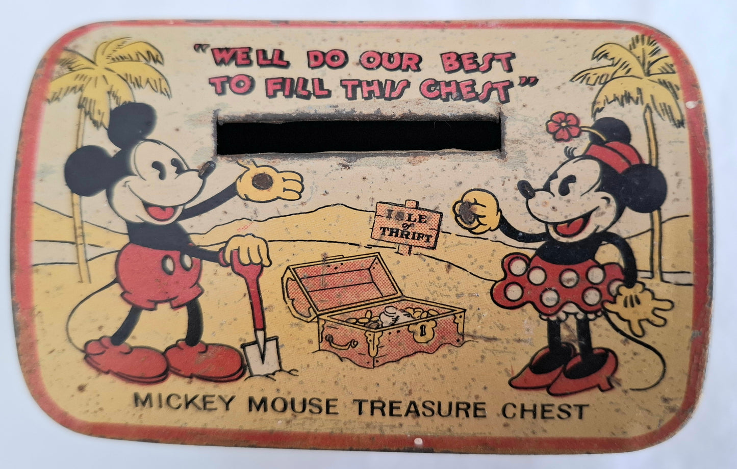 Vintage 1930s Mickey Mouse Treasure Chest Tin Money Bank – Made in Japan