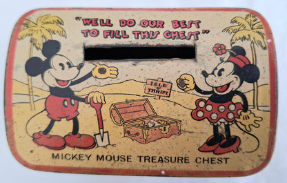 Vintage 1930s Mickey Mouse Treasure Chest Tin Money Bank – Made in Japan
