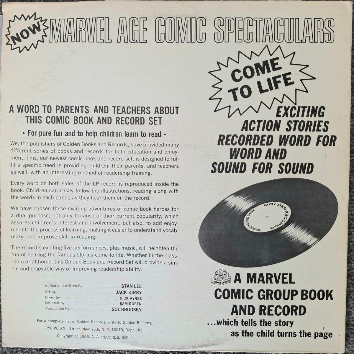 1966 Marvel Age Comic Spectaculars Golden Records Vinyl – Record Only